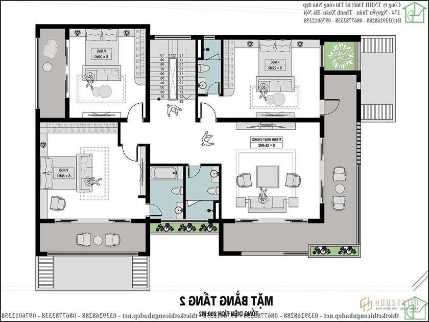 Mặt bằng nội thất tầng 1 biệt thự 3 tầng hiện đại NDBT3T22