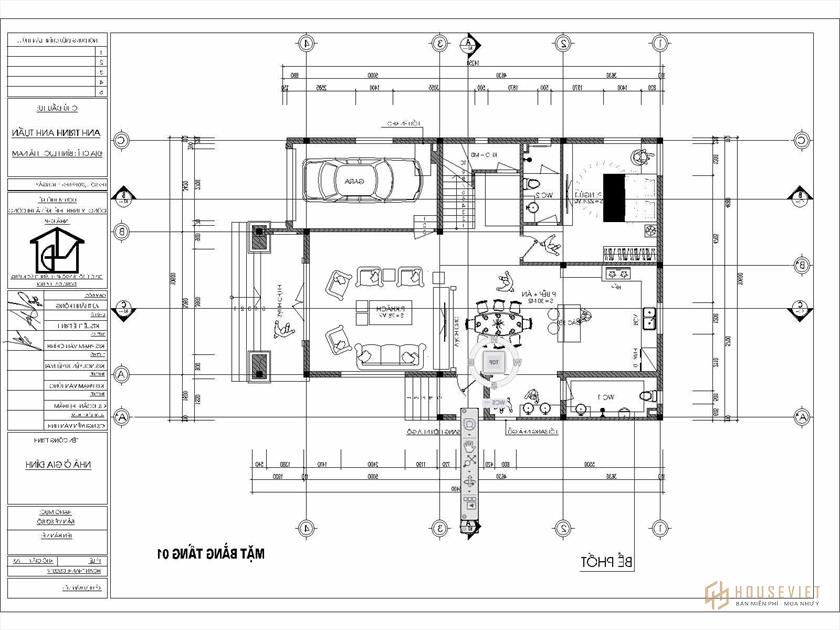 Mặt bằng tầng 1 mẫu biệt thự 2 tầng 9x14m tân cổ điển