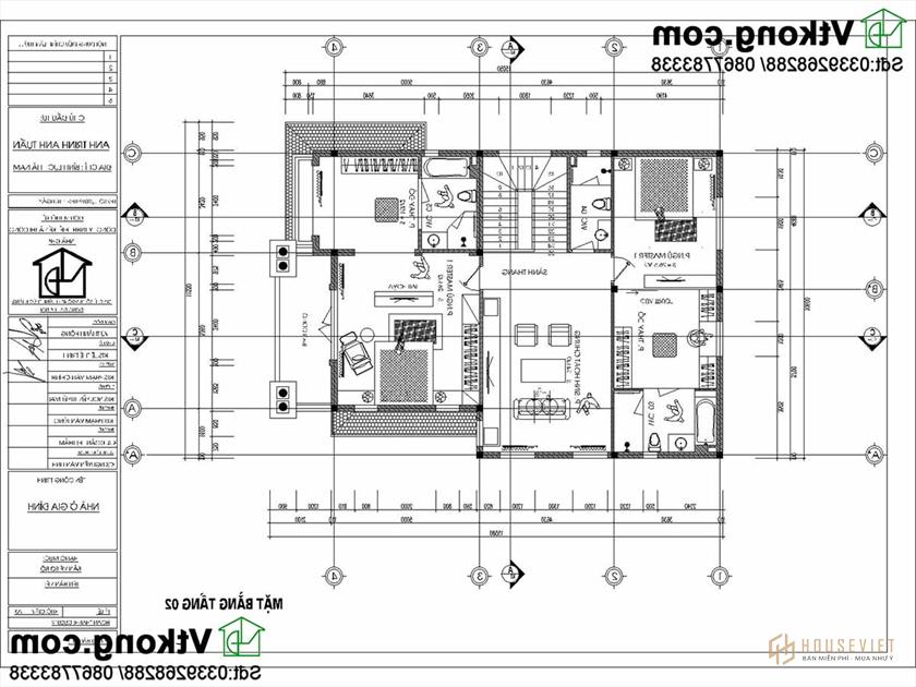 Mặt bằng tầng 2 mẫu thiết kế biệt thự 2 tầng 9x14m tân cổ điển