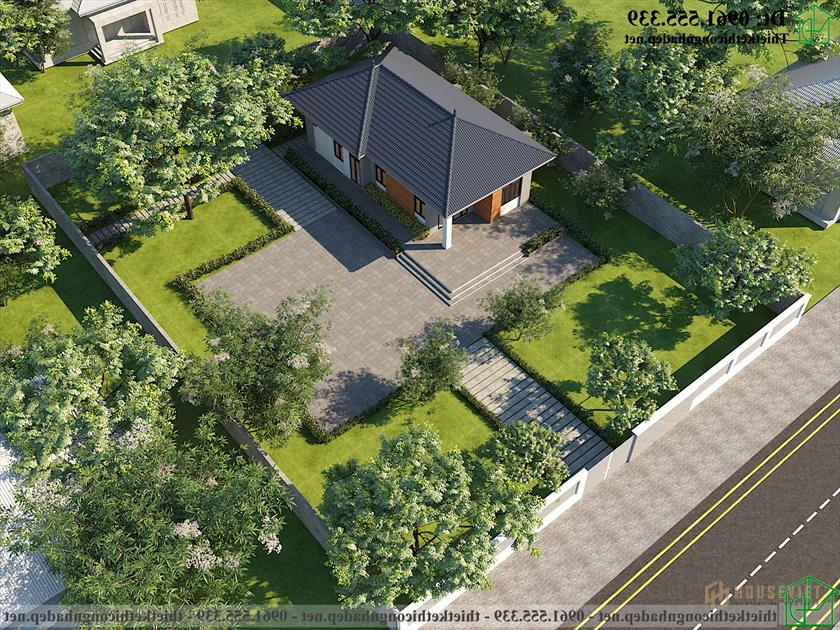 Phối cảnh tổng thể mẫu nhà cấp 4 mái thái đẹp NDNC4173