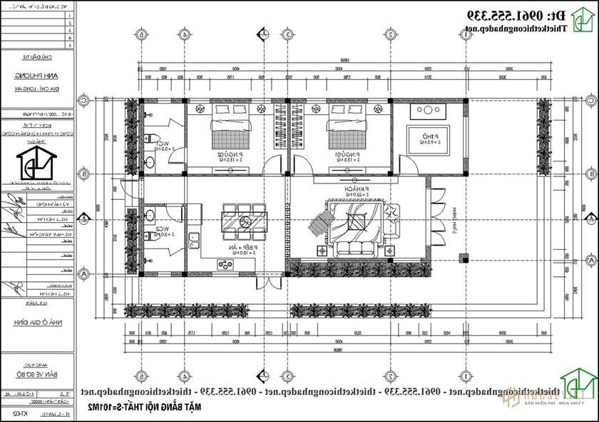 Phương án nội thất nhà cấp 4 mái thái 2 phòng ngủ 1 phòng thờ 7x14m NDNC4173