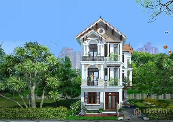 Mẫu thiết kế nhà 3 tầng hiện đại mái thái kết hợp với cây xanh thiên nhiên
