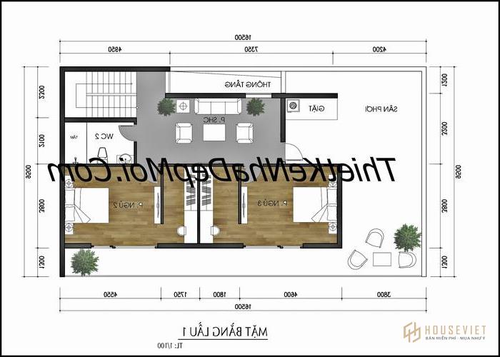Mặt bằng nhà 16m2 2 tầng.