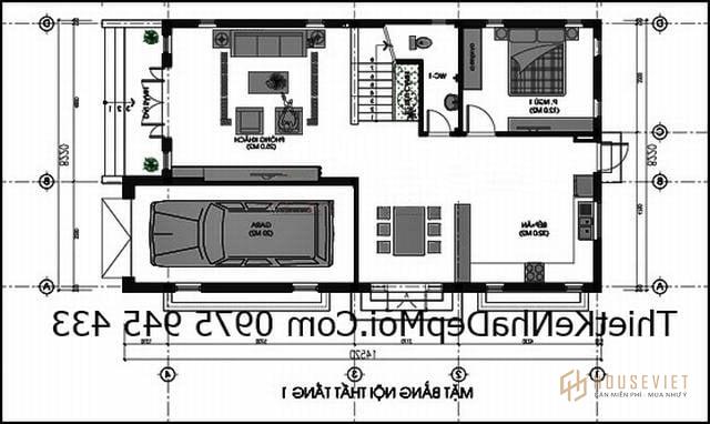 Mặt bằng nhà 8x15m có gara phủ bì chú Nhân