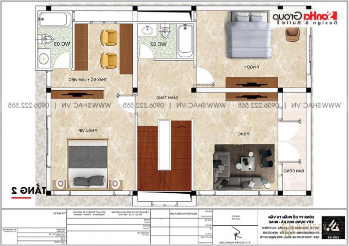 Nhà phố 3 tầng mặt tiền 12m rộng 180m2 - SH BTP 0147 11 Phương án bố trí công năng tầng 2 biệt thự tân cổ điển tại Ninh Bình