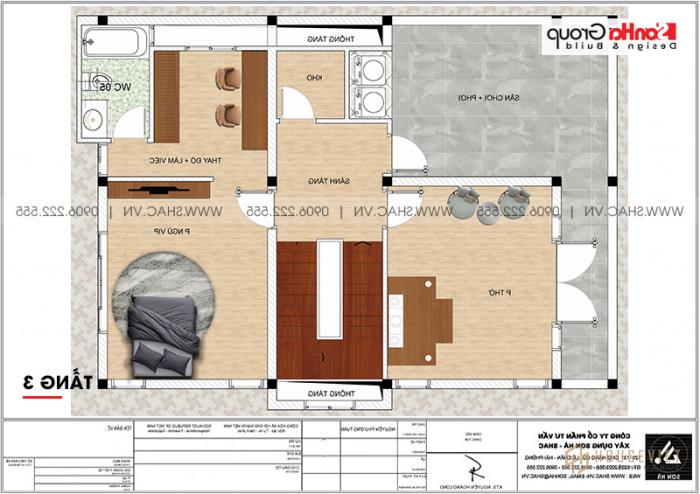 Nhà phố 3 tầng mặt tiền 12m rộng 180m2 - SH BTP 0147 12 Phương án bố trí công năng tầng 3 biệt thự tân cổ điển tại Ninh Bình