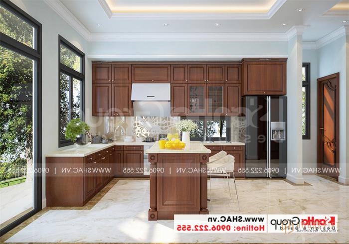 Nhà phố 3 tầng mặt tiền 12m rộng 180m2 - SH BTP 0147 15 Không gian nội thất phòng bếp sử dụng chất liệu gỗ tự nhiên cao cấp