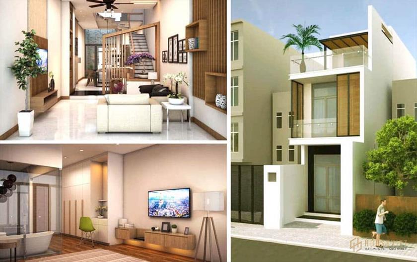 Phối cảnh mặt tiền và nội thất của nhà ống mẫu 3