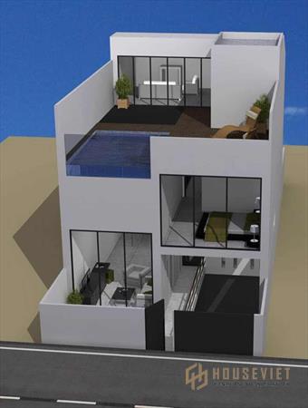 Phối cảnh nhà ống có bể bơi trên sân thượng Phối cảnh nhà ống có bể bơi trên sân thượng