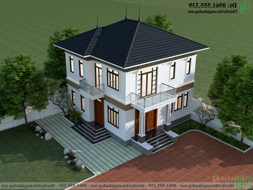 Phối cảnh tổng thể của biệt thự 2 tầng mái Nhật 9x9m NDBT2T118