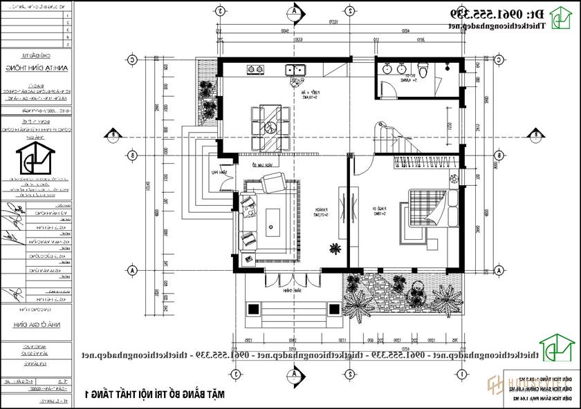 Mặt bằng công năng tầng 1 mẫu biệt thự 2 tầng mái thái 9x9m đẹp NDBT2T118