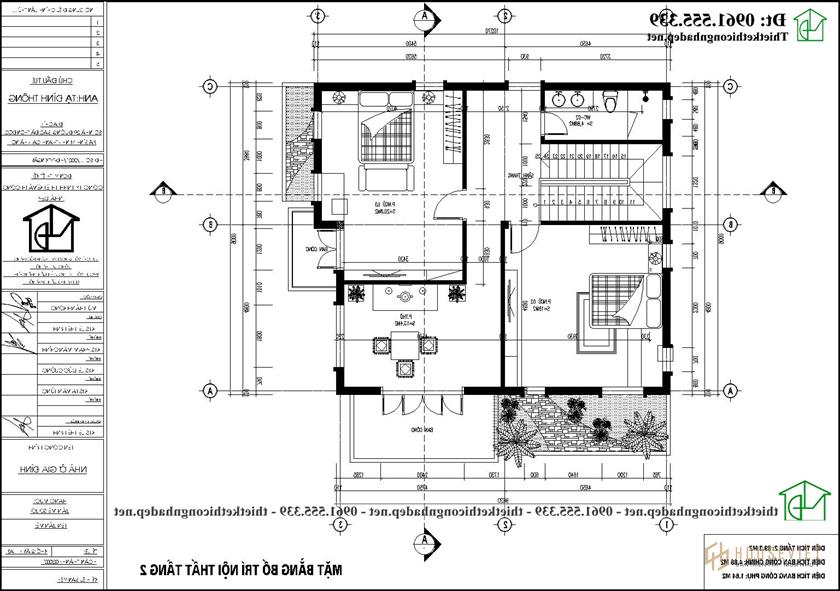 Mặt bằng công năng tầng 2 mẫu biệt thự 2 tầng 9x9m mái thái đẹp NDBT2T118