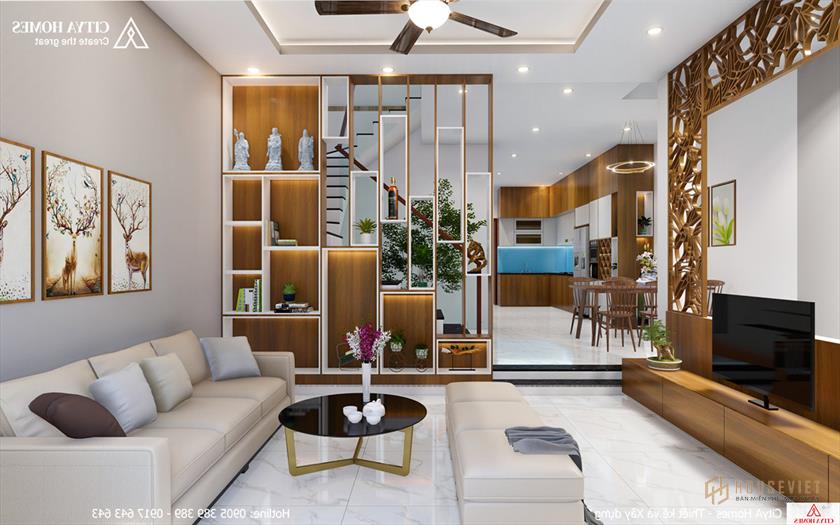 Phòng khách và phòng bếp được ngăn cách bằng vách ngăn