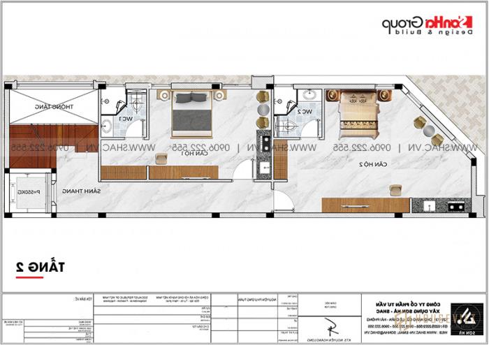 Mẫu nhà phố kinh doanh hiện đại kết hợp căn hộ cho thuê 5,4m x 19,1m tại Vũng Tàu - SH NOD 0214 15 Mặt bằng công năng tầng 2 nhà ống kết hợp kinh doanh và căn hộ cho thuê tại Vũng Tàu