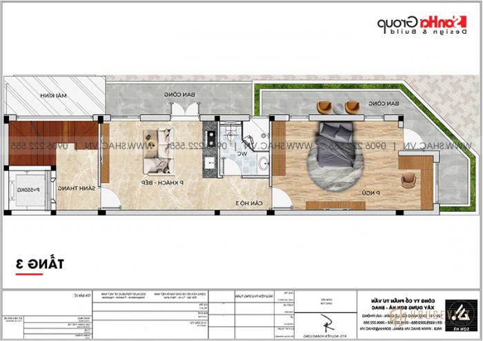 Mẫu nhà phố kinh doanh hiện đại kết hợp căn hộ cho thuê 5,4m x 19,1m tại Vũng Tàu - SH NOD 0214 16 Mặt bằng công năng tầng 3 nhà ống kết hợp kinh doanh và căn hộ cho thuê tại Vũng Tàu