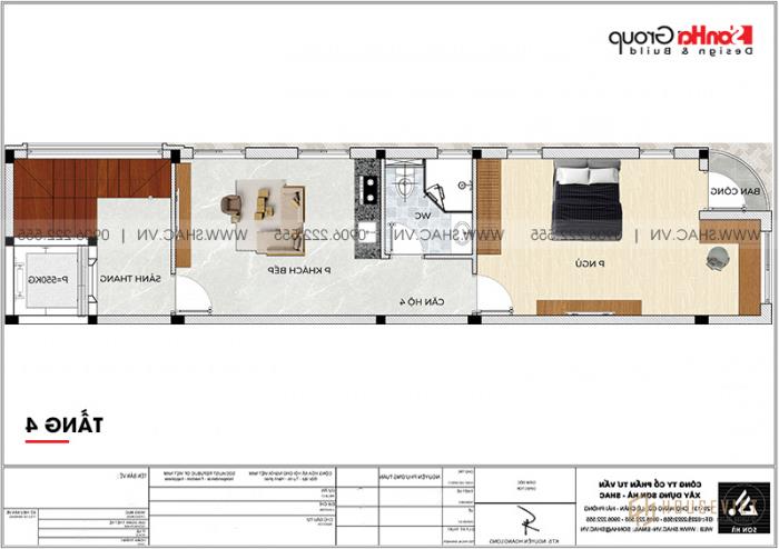 Mẫu nhà phố kinh doanh hiện đại kết hợp căn hộ cho thuê 5,4m x 19,1m tại Vũng Tàu - SH NOD 0214 17 Mặt bằng công năng tầng 4 nhà ống kết hợp kinh doanh và căn hộ cho thuê tại Vũng Tàu