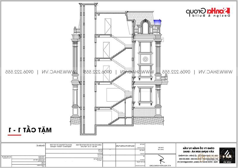 Biệt thự tân cổ điển 3 tầng rộng 300m2 có gara sân cổng đẹp – SH BTP 0162 6 Mặt cắt trục 1-1 biệt thự tân cổ điển 3 tầng tại Hà Nội