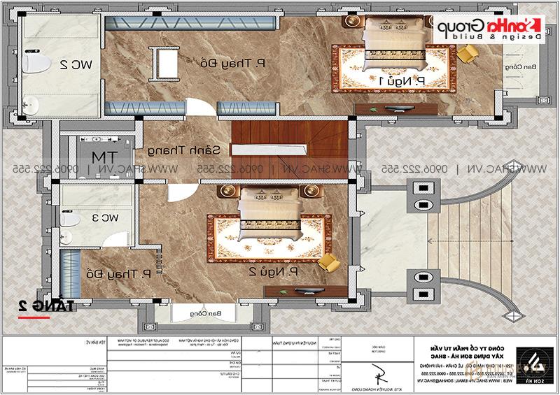 Biệt thự tân cổ điển 3 tầng rộng 300m2 có gara sân cổng đẹp – SH BTP 0162 9 Mặt bằng tầng 2 biệt thự sang trọng và tiện nghi 3 tầng tại Hà Nội