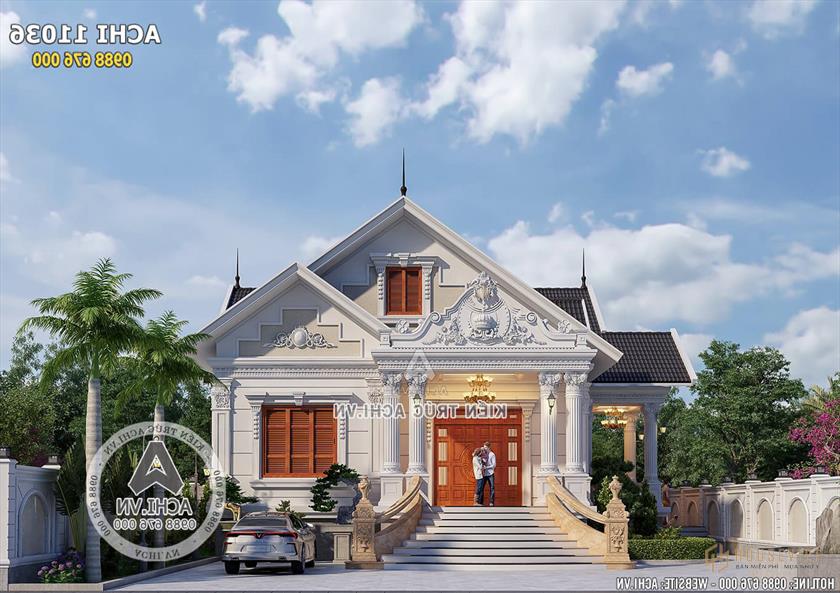 Phối cảnh 3D mặt tiền đẹp đến từng chi tiết nhỏ của mẫu biệt thự 1 tầng tân cổ điển