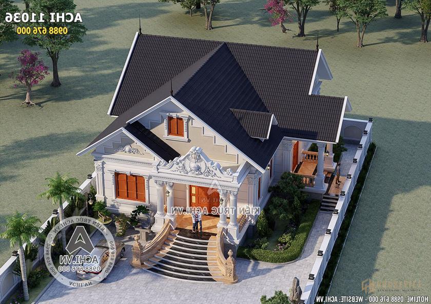 Toàn cảnh không gian ngoại thất của mẫu thiết kế biệt thự 1 tầng đẹp tại Bắc Ninh khi nhìn từ trên cao