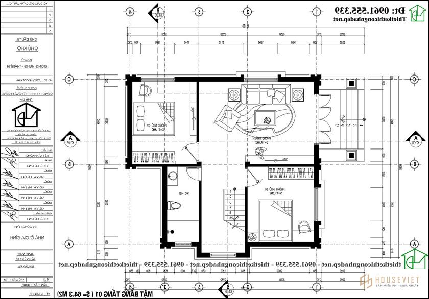 Mặt bằng tầng 1 mẫu thiết kế biệt thự 2 tầng mái thái 10x12m NDBT2T119 kiểu Nhật