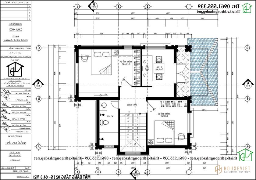 Mặt bằng tầng 2 mẫu thiết kế biệt thự 2 tầng mái thái 10x12m NDBT2T119 kiểu Nhật