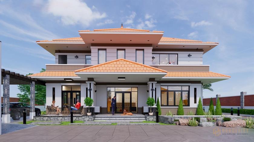 Perspective de la façade d'une villa de jardin moderne de 2 étages avec toit en tuiles