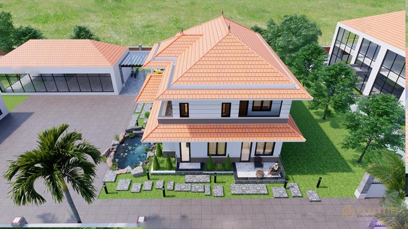 Beauté moderne et impressionnante de la villa de jardin de 2 étages avec toit en tuiles sous tous les angles