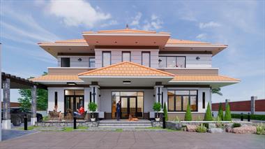 Conception d'ensemble d'une villa de jardin de 2 étages avec toit en tuiles