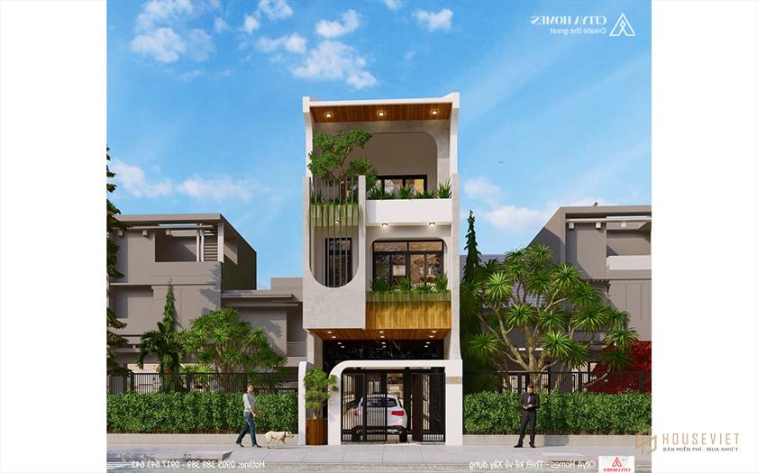 Mặt tiền gây ấn tượng với những hình khối mới lạ và đường nét bo tròn trong thiết kế