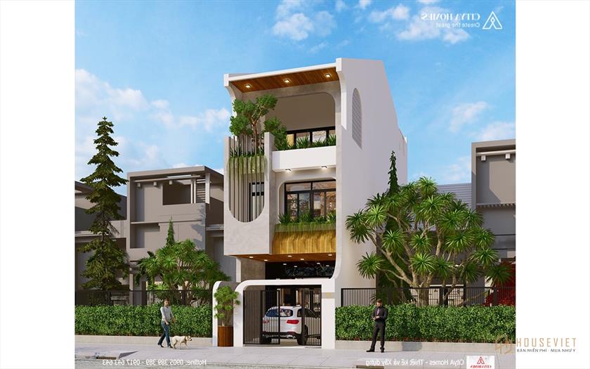 Cây xanh được bố trí ở mỗi tầng phía trước mặt tiền càng làm tăng thêm sự trong lành cho ngôi nhà