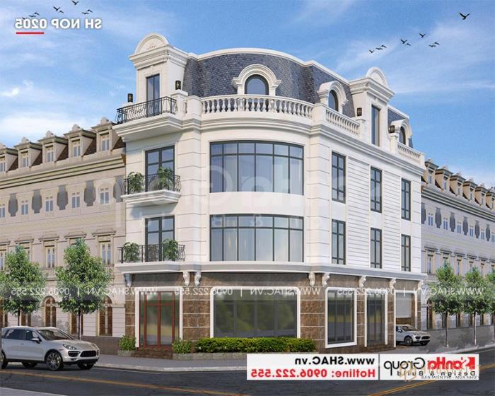 Mẫu thiết kế nhà lô góc 2 mặt tiền tân cổ điển 3 tầng tại Hà Nội - SH NOP 0205 13 Kiến trúc mặt tiền tân cổ điển ấn tượng của nhà phố tại Hà Nội