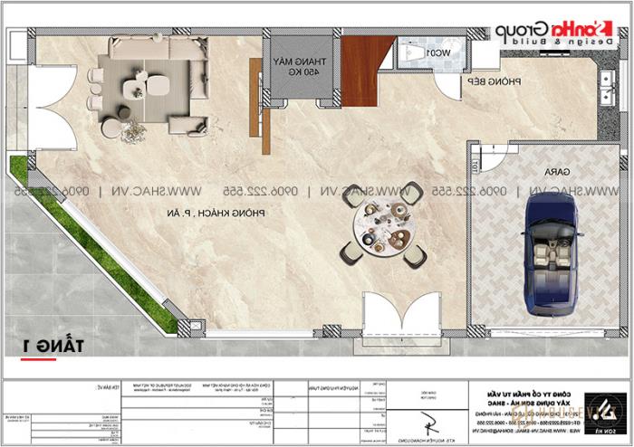 Mẫu thiết kế nhà lô góc 2 mặt tiền tân cổ điển 3 tầng tại Hà Nội - SH NOP 0205 14 Bản vẽ mặt bằng công năng tầng 1 mẫu nhà tân cổ điển 2 mặt tiền tại Hà Nội
