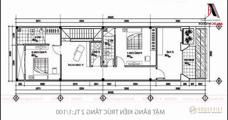 Bản vẽ thiết kế nhà ống tầng 2 gồm 2 phòng ngủ, phòng thờ, phòng khách
