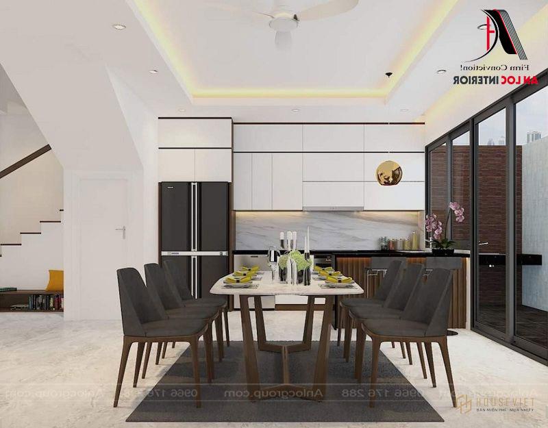 Khu vực bếp được bố trí nội thất đầy đủ, màu sắc phù hợp với tổng thể căn nhà.