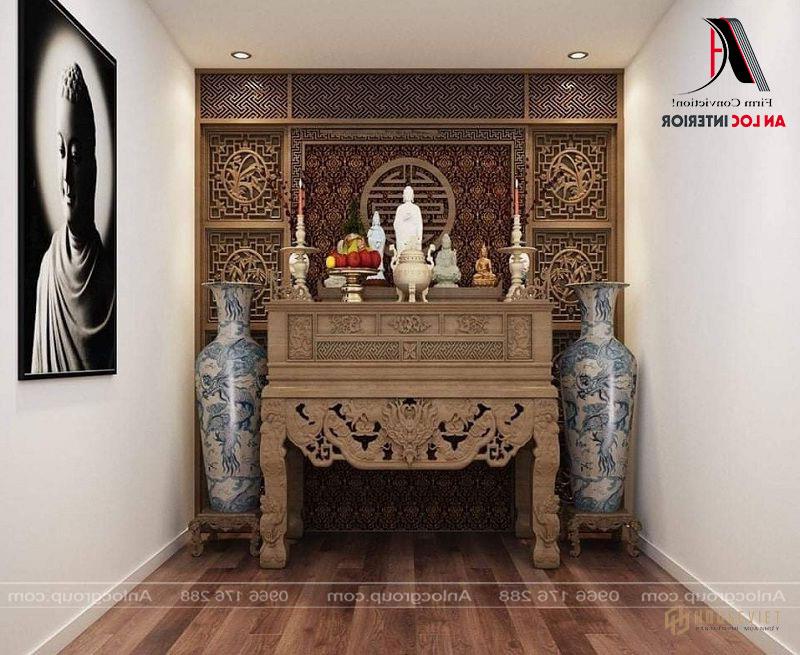 Mẫu thiết kế phòng thờ nhà ống 2 tầng được sử dụng những đường nét chạm khắc tinh tế.