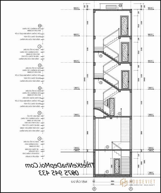 Mặt cắt mẫu nhà ống 5 tầng hiện đại