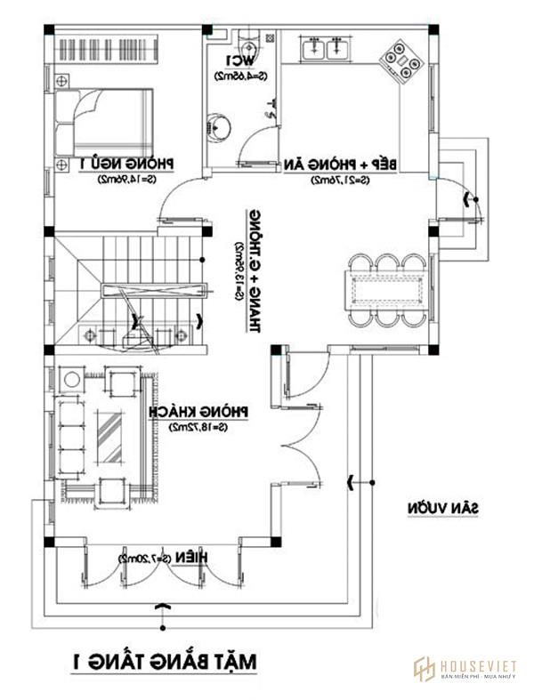 Bản vẽ nhà hình chữ L hiện đại tầng 1