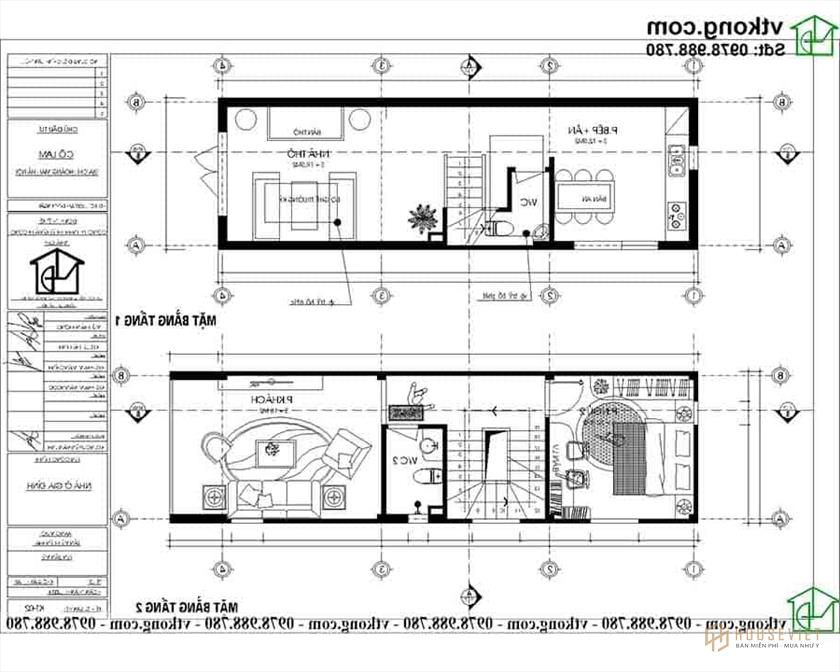 Mặt bằng công năng tầng 1 và 2 mẫu nhà ống 3 tầng 4x12m2 NP3T019