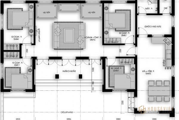 Bản vẽ nhà cấp 4 chữ l 4 phòng ngủ