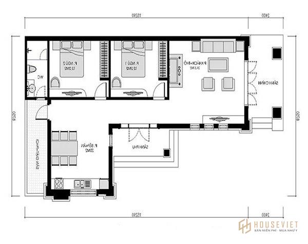 Bản vẽ căn nhà cấp 4 2 phòng ngủ