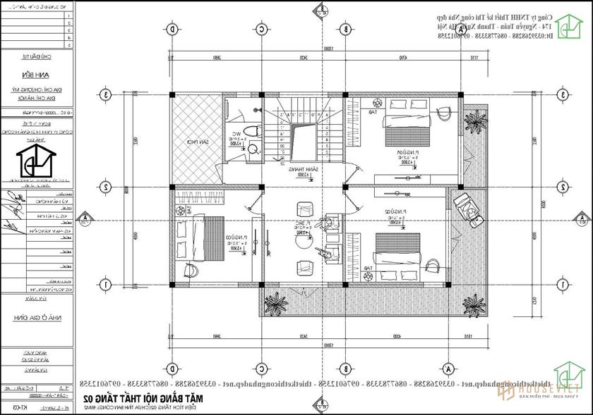 Mặt bằng bố trí nội thất tầng 2 mẫu biệt thự 2 tầng mái thái ở Chương Mỹ Hà Nội NDBT2T97