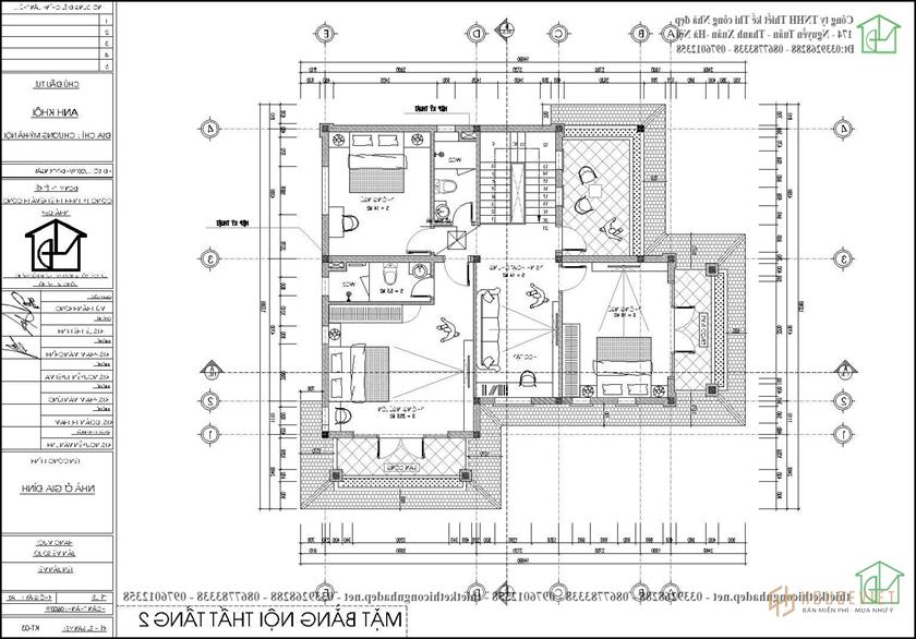 Mặt bằng nội thất tầng 2 mẫu biệt thự 2 tầng mái thái NDBT2T98
