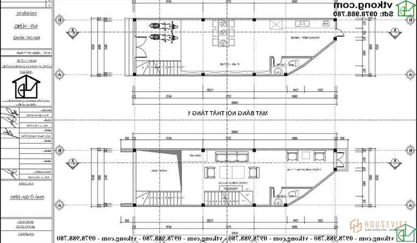 Mặt bằng công năng tầng 1 và tầng lửng mẫu nhà ống 3 tầng mặt tiền 4m NP3T022