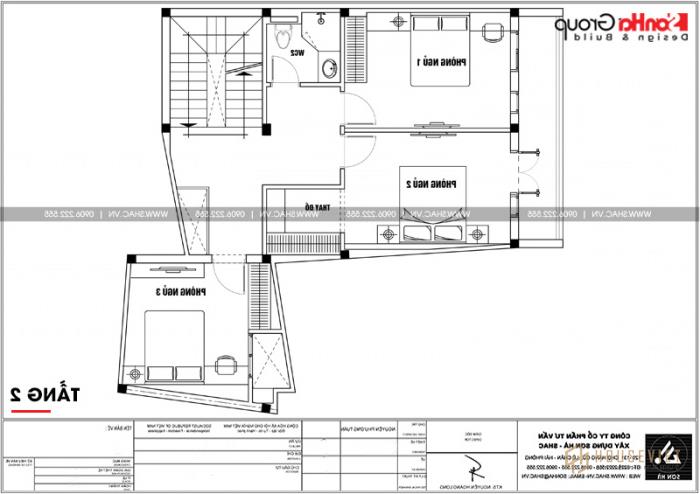 Bản vẽ mặt bằng tầng 2 nhà ống hiện đại hình chữ L tại Hải Phòng 