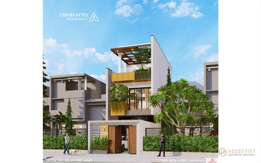 Phối cảnh mặt tiền mẫu nhà 2 tầng 1 tum hiện đại