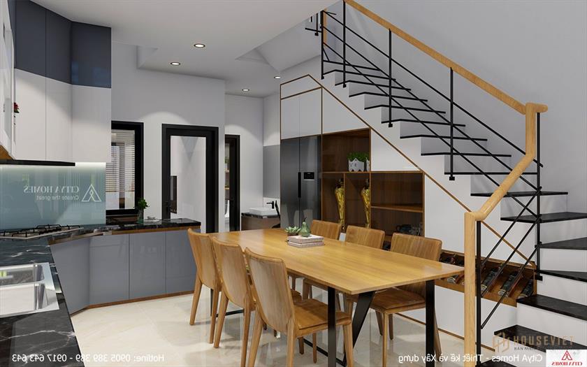 Kệ được tận dụng khéo léo từ không gian gầm cầu thang