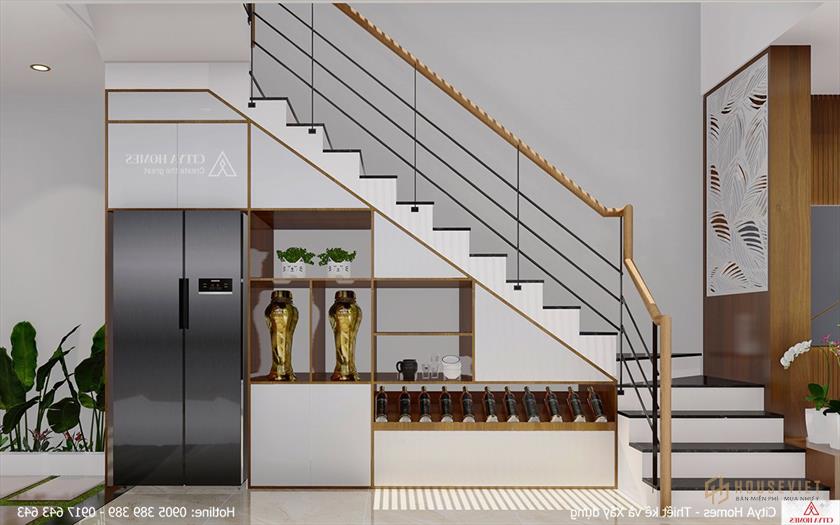 Góc gầm cầu thang được tận dụng làm giá đựng rượu sáng tạo