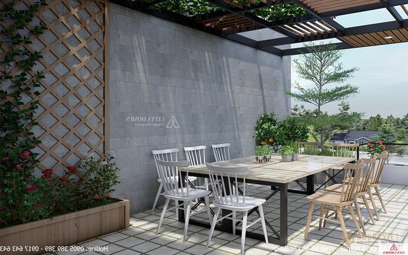 Tầng áp mái xinh xắn có góc uống trà hóng gió.