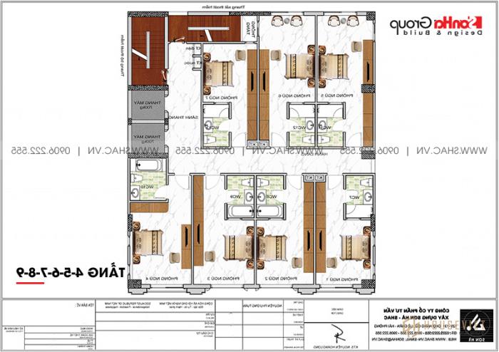 Mặt bằng công năng tầng 4-9 khách sạn tân cổ điển 3 sao tại Lạng Sơn 